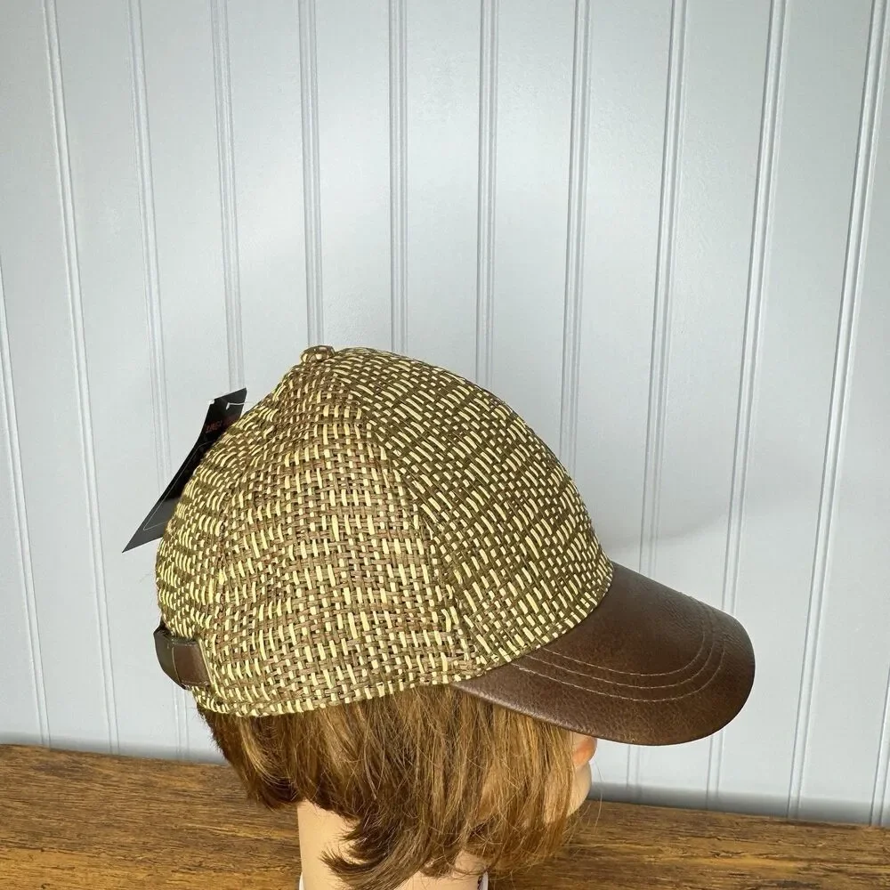 Vintage Linea Uomo Brown Straw PU Leather Casual Baseball Cap Adjustable OS NWT